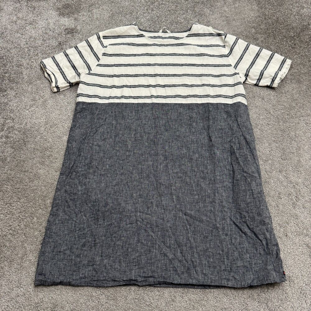 Batela Sea Style Striped Linen Cotton Shift Dress Womens XL 14 Blue White Pocket